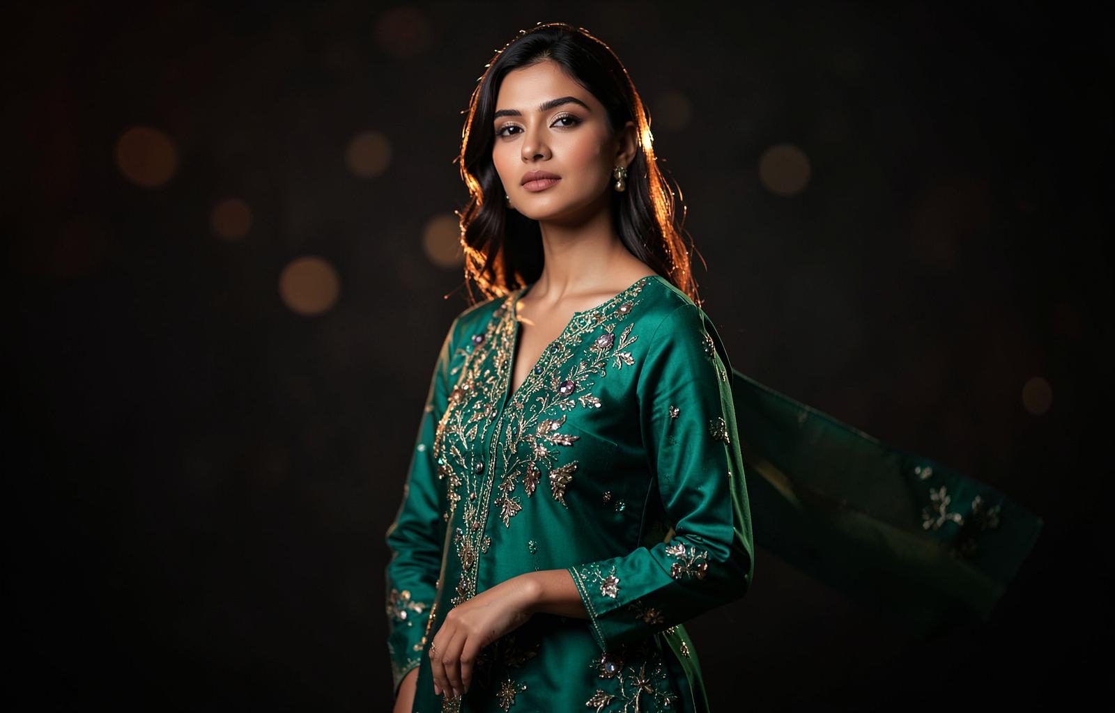 Model wearing a premium emerald embroidered kurti from Riopen